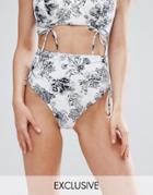 Asos Fuller Bust Exclusive Mono Floral Print Ruched High Waist Bikini Bottom - Multi
