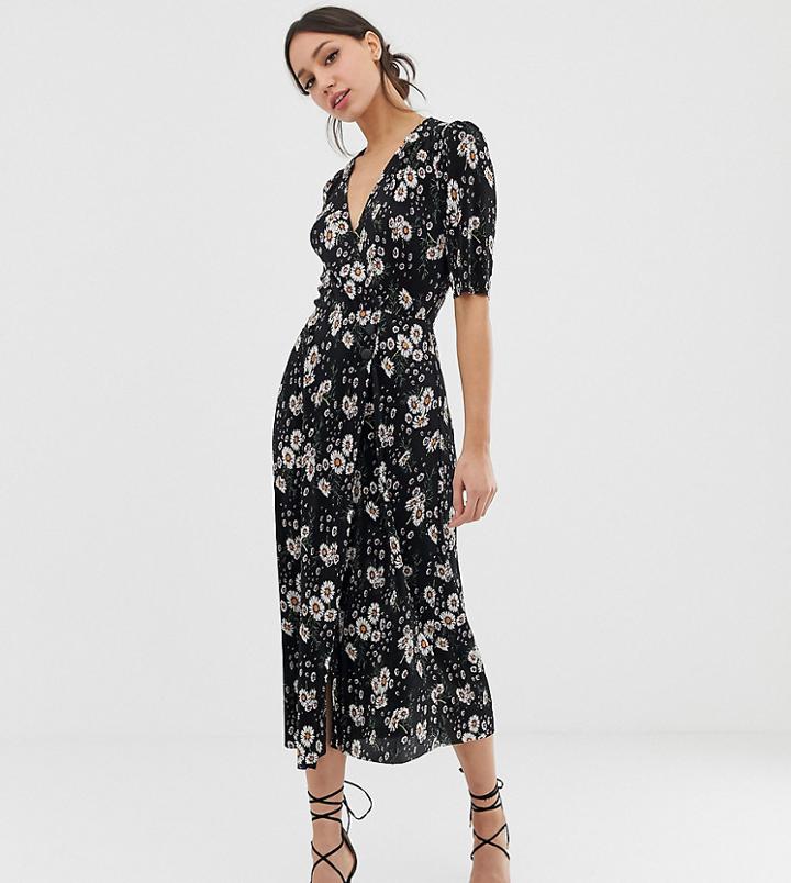 Asos Design Tall Midi Plisse Dress In Daisy Print With Button Detail - Multi