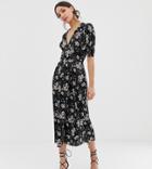Asos Design Tall Midi Plisse Dress In Daisy Print With Button Detail - Multi
