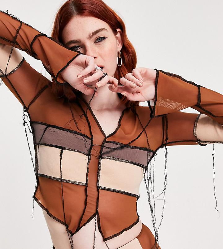 Kikiriki Long Sleeve Crop Top In Mesh Patchwork And Overlocking Set-multi