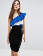 Vesper One Shoulder Pencil Dress With Contrast Frill - Blue