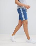 Boohooman Slim Fit Denim Shorts With Side Stripe In Blue Wash - Blue