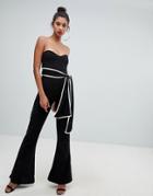Prettylittlething Bandeau Tie Waist Jumpsuit In Black - Black