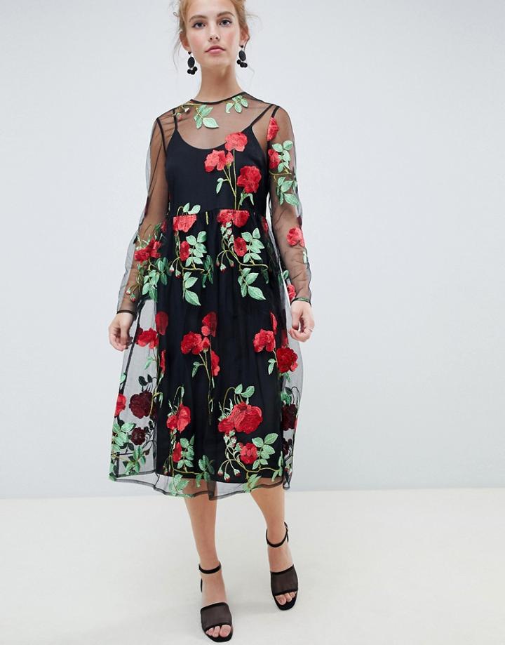 Asos Design Premium Mesh Embroidered Midi Smock Dress - Multi