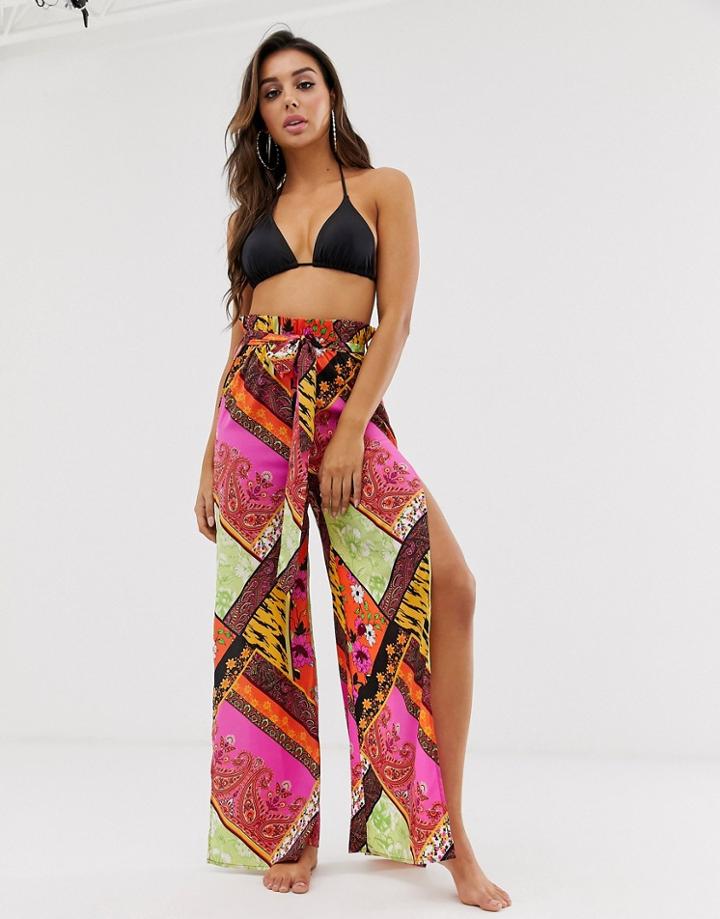Asos Design Wide Leg Beach Pants With Paperbag Waist In Scarf Print-multi