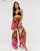 Asos Design Wide Leg Beach Pants With Paperbag Waist In Scarf Print-multi