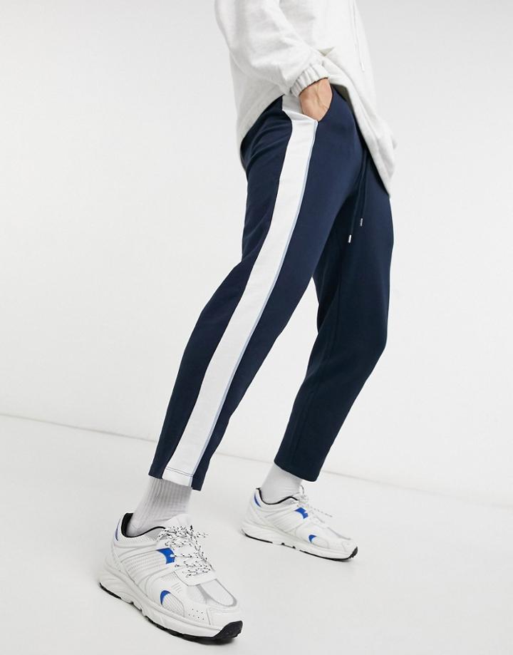 Asos Design Co-ord Tapered Sweatpants With Fixed Hem & Side Stripe Detail-blue