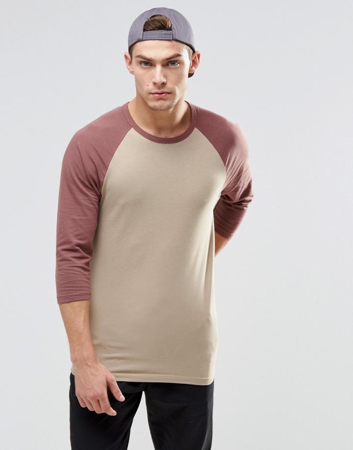 Asos Muscle 3/4 Sleeve T-shirt With Contrast Raglan Sleeves - Beige