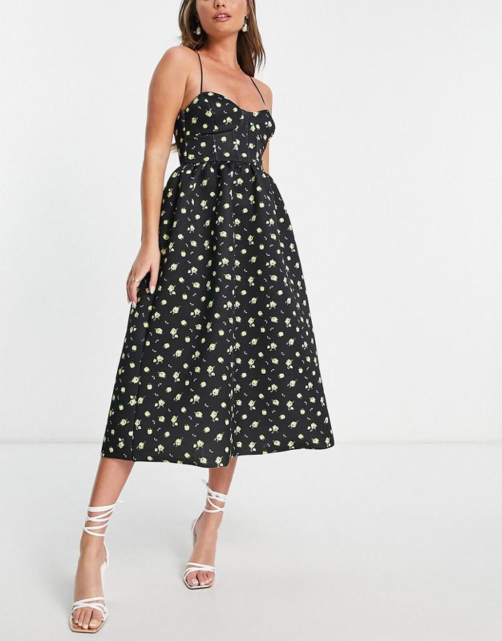 Asos Design Cupped Midi Prom Dress In Blue Ditsy Floral Print-multi