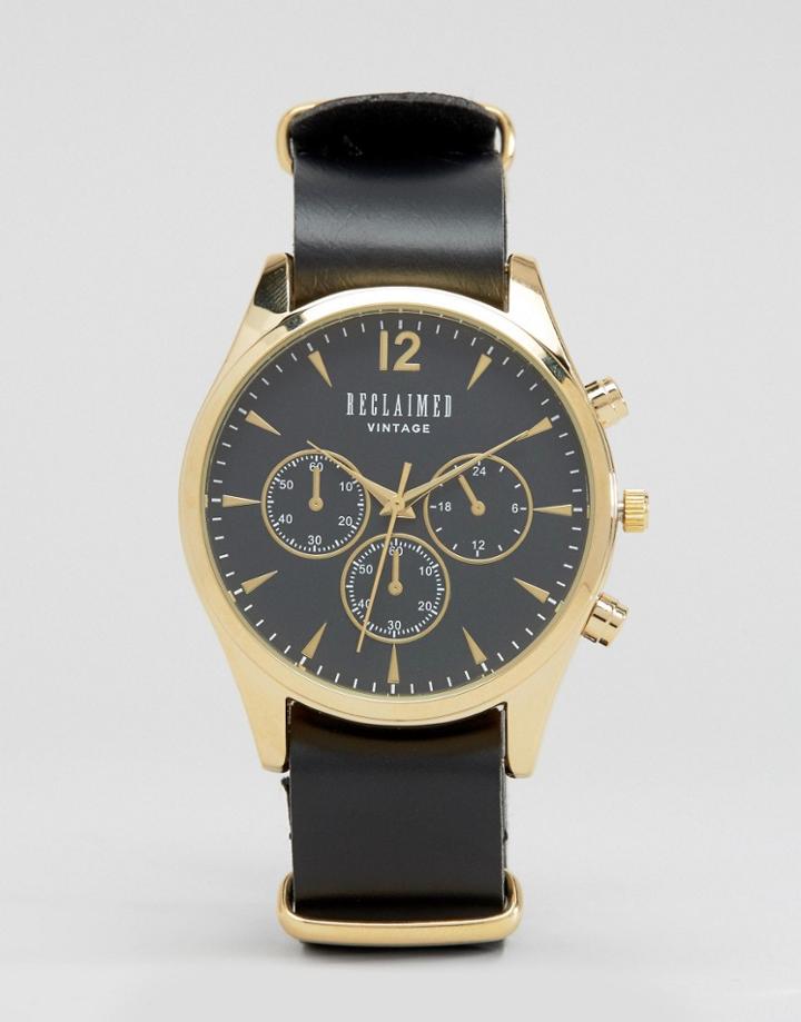 Reclaimed Vintage Chronograph Leather Watch In Black - Black