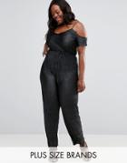 Club L Plus Jumpsuit With Cold Shoulder In Pleated Metallic - Black
