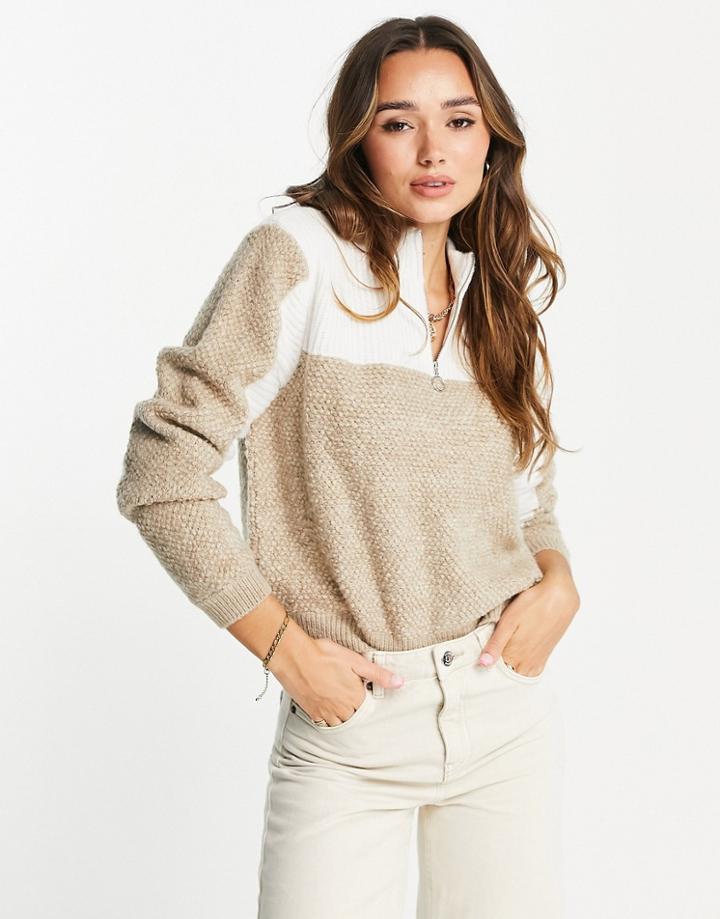 Asos Design Sweater With Zip Collar In Mixed Stitch In Camel-neutral