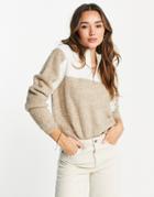 Asos Design Sweater With Zip Collar In Mixed Stitch In Camel-neutral