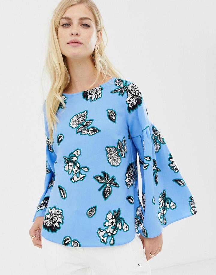 Closet Floral Wide Bell Sleeve Top - Blue
