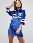 Asos Velvet Hoodie Mini Dress With Varsity Print - Blue