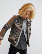 Illegal Club Puffer Jacket In Camo With Faux Fur Hood - Green