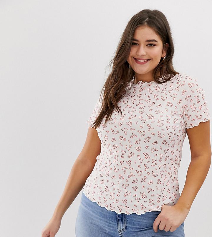 New Look Curve Rib Lettuce Tee In White Floral Print