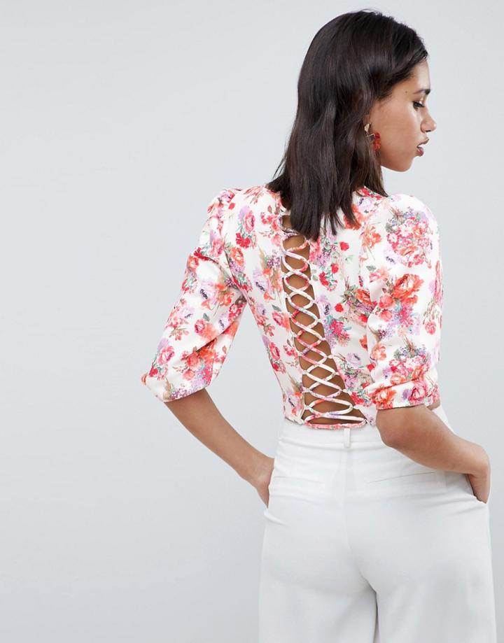 Asos Design Occasion Top With Lattice Back In Floral Print - Multi