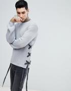 Asos Textured Lace Up Sweater With Eyelets In Charcoal - Gray