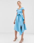 Asos Design Tuck Detail Bardot Midi Dress - Blue