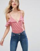 Asos Cami Body With Contrast Woven Ruffle Cold Shoulder - Black