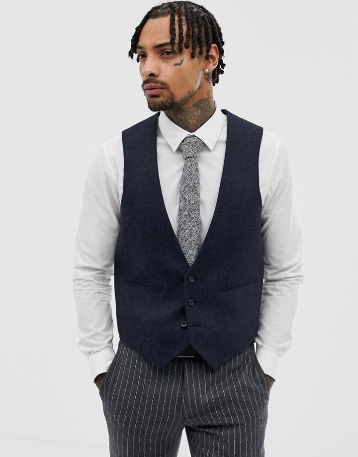 Asos Slim Suit Vest In Navy Herringbone - Navy
