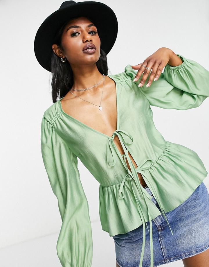 Topshop Tie Front Blouse Top In Green