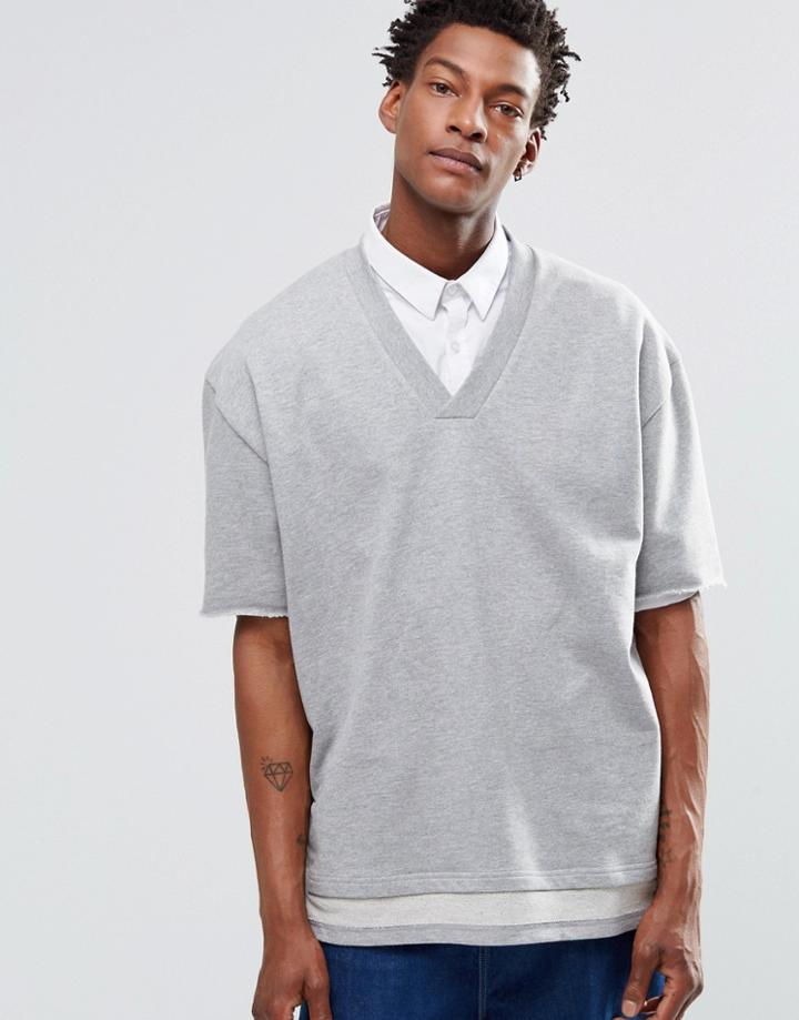 Asos Oversize Longline Short Sleeve Sweatshirt With Double Layer Hem - Gray Marl