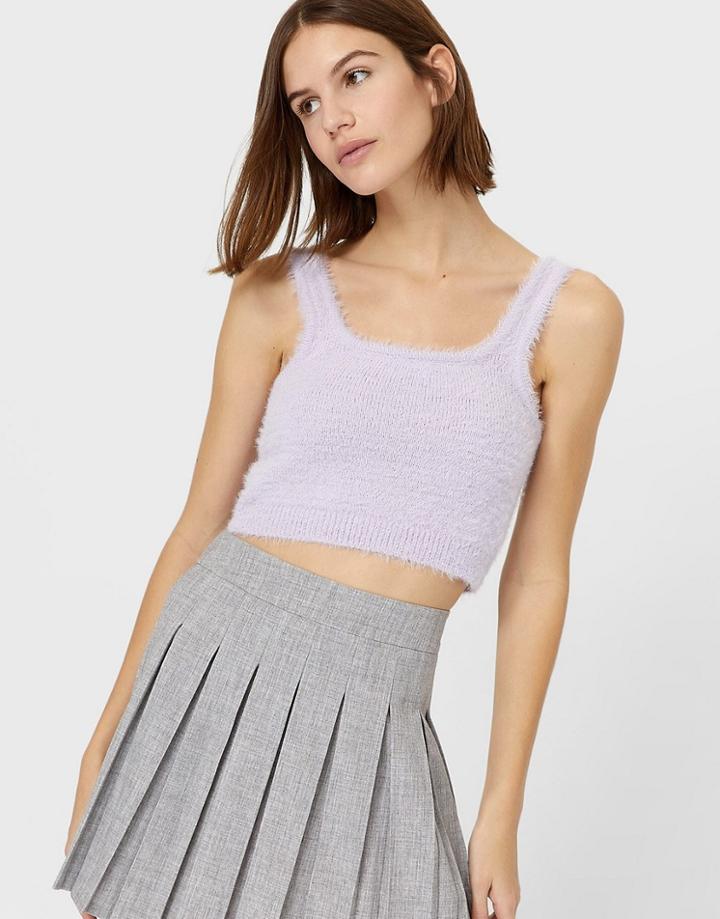 Stradivarius Fluffy Knit Crop Top In Lilac-purple