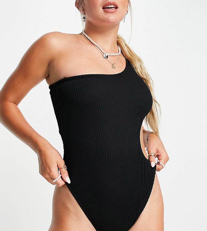 Collusion Swimsuit With Cut Out In Black Crinkle