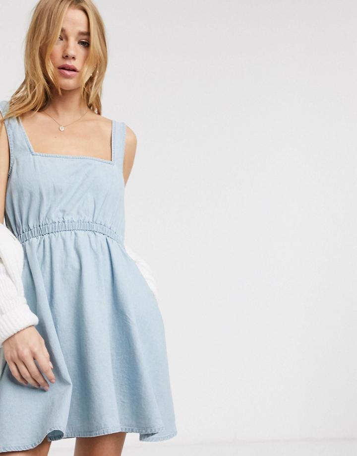 Asos Design Soft Denim Square Neck Skater Dress In Lightwash Blue-blues