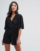 Oh My Love Pleated Kimono Romper With Waist Tie - Black