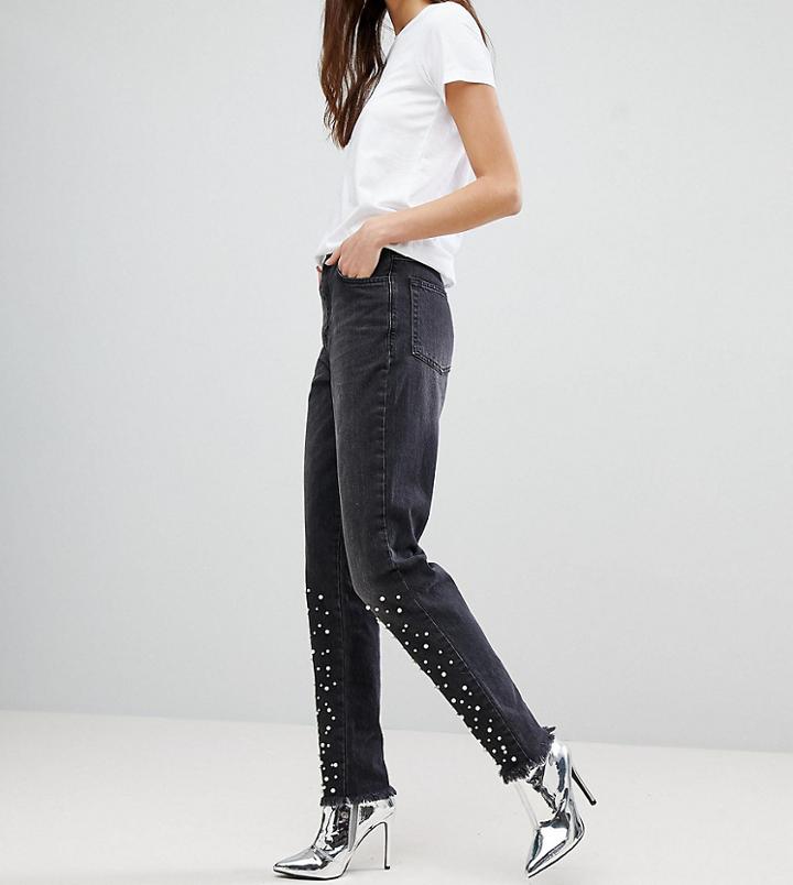 Chorus Tall Split Hem Mom Jeans With Pearl Embellishment - Black
