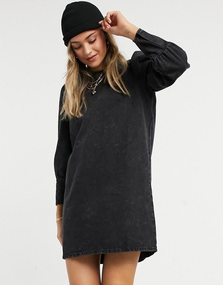 Jdy Denim Mini Dress With Puff Sleeves In Black