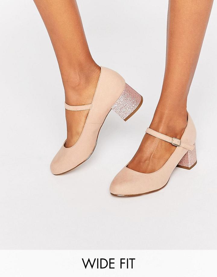 New Look Wide Fit Glitter Block Heeled Shoe - Cream