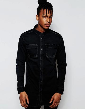 D.i.e. Workman Denim Longline Shirt In Distressed Worn Black - Black Wash 2 Dist