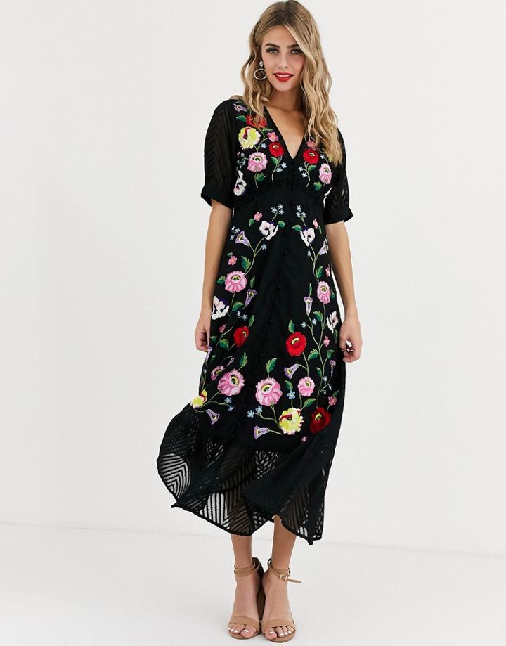 Asos Design Dobby Embroidered Button Through Maxi Tea Dress