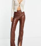 Missguided Faux Leather Split Hem Pants In Brown