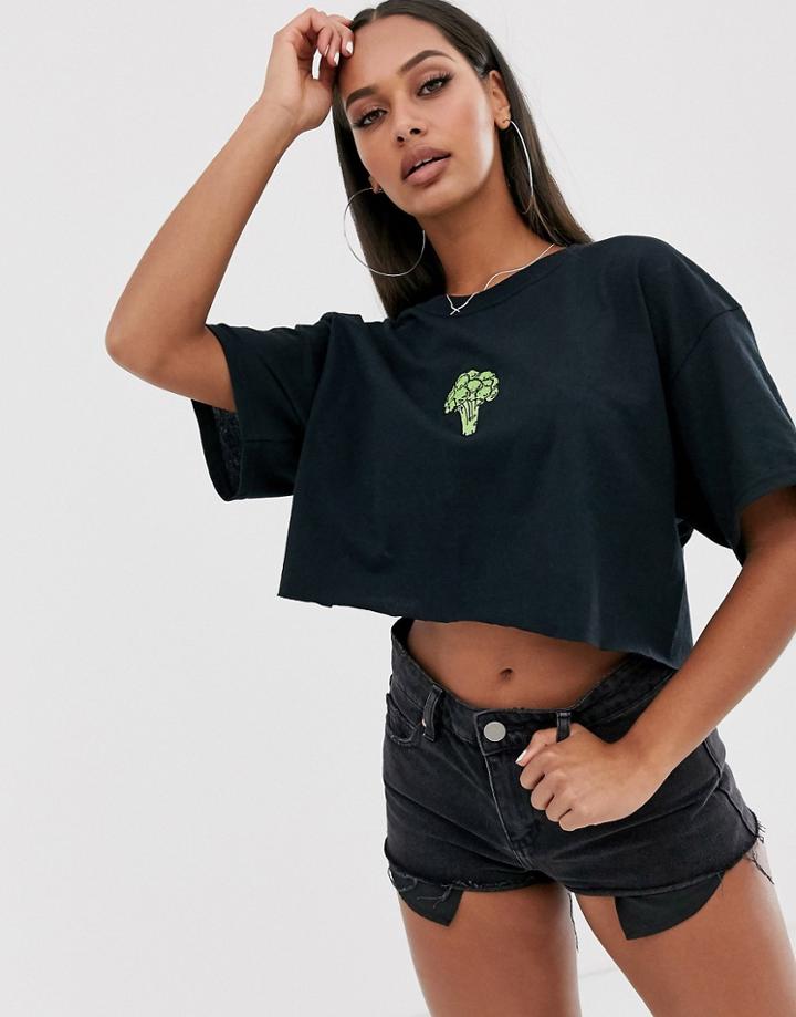 New Love Club Broccoli Graphic Cropped T-shirt-black