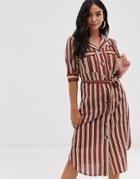 Influence Shirt Dress With Tie Waist In Stripe - Brown