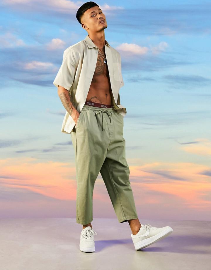 Asos Design Drop Crotch Chinos In Light Khaki-green