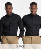 Jack & Jones Premium Cotton 2 Pack Smart Shirts With Cutaway Collars In Black - Multi