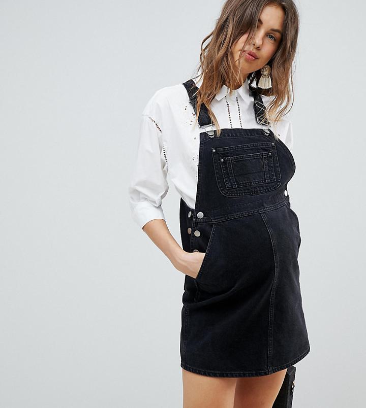 Asos Design Maternity Denim Overall Dress In Washed Black - Black