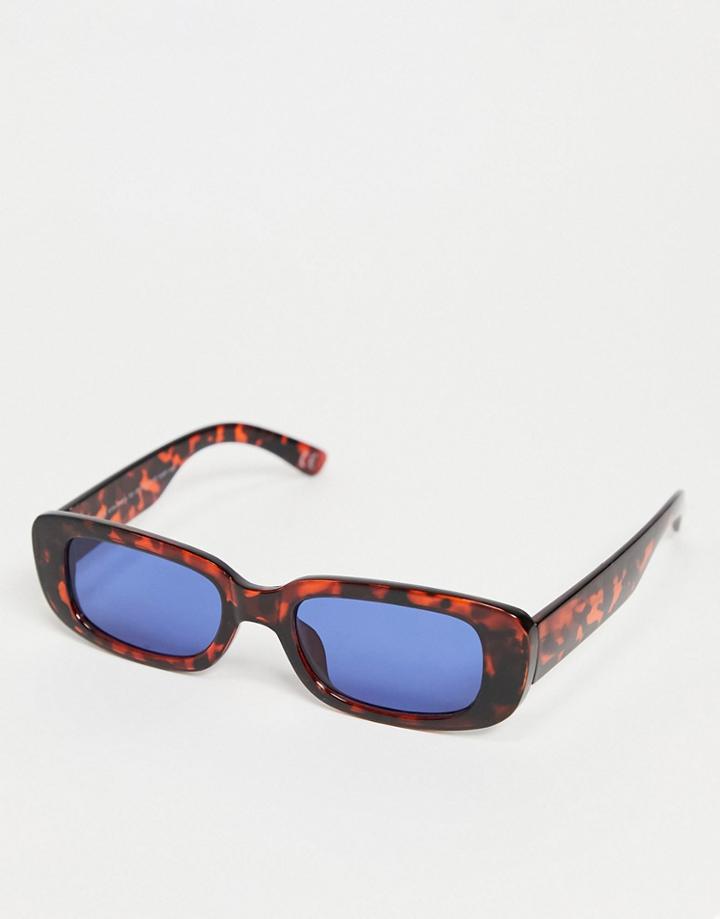 Asos Design Mid Rectangle Sunglasses With Blue Lens In Tort-brown