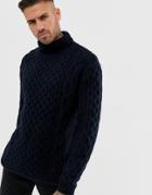 Pull & Bear Cable Knit Roll Neck Sweater In Navy - Navy