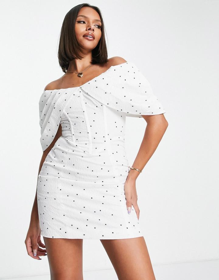 Asos Luxe Jacquard Ruffle Bardot Mini Dress In Spot-multi