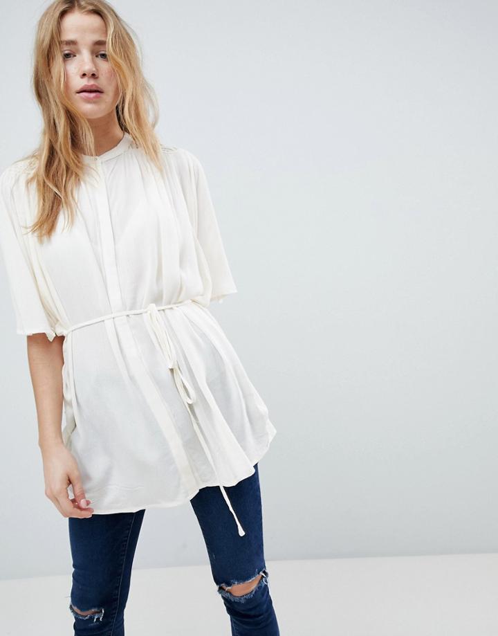 Bellfield Janne Belted Oversized Collarless Shirt - White