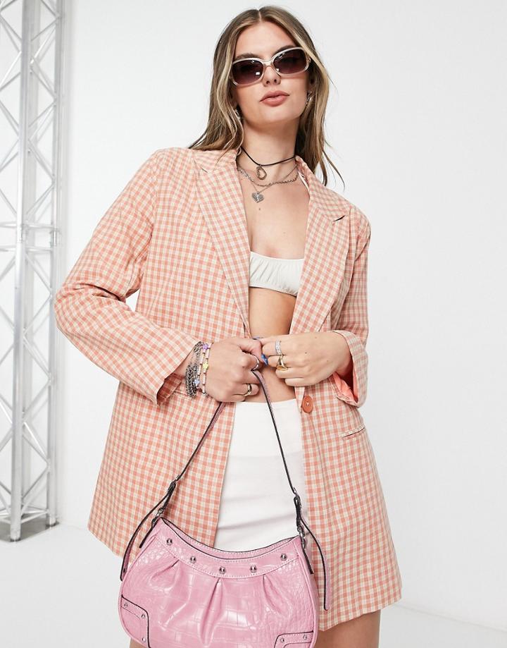 Heartbreak Oversized Blazer In Peach Gingham - Part Of A Set-orange