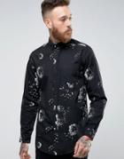 Asos Longline Abstract Floral Shirt In Black In Regular Fit - Black