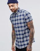 Asos Check Shirt In Linen Mix With Short Sleeves - Blue